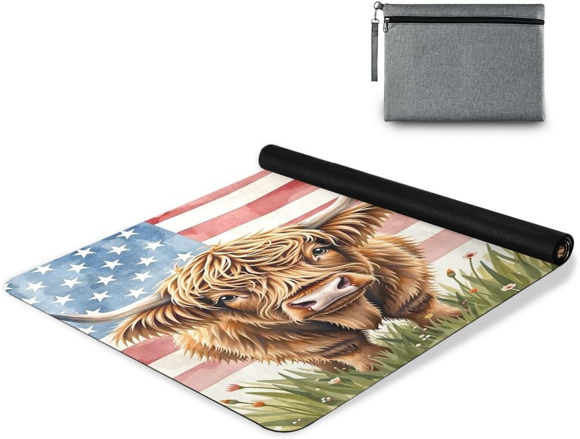 ALAZA Highland Cattle American Flag Yoga Mat Non Slip Fitness Exercise Mat, Workout Mat for Yoga, Pilates and Floor Exercises