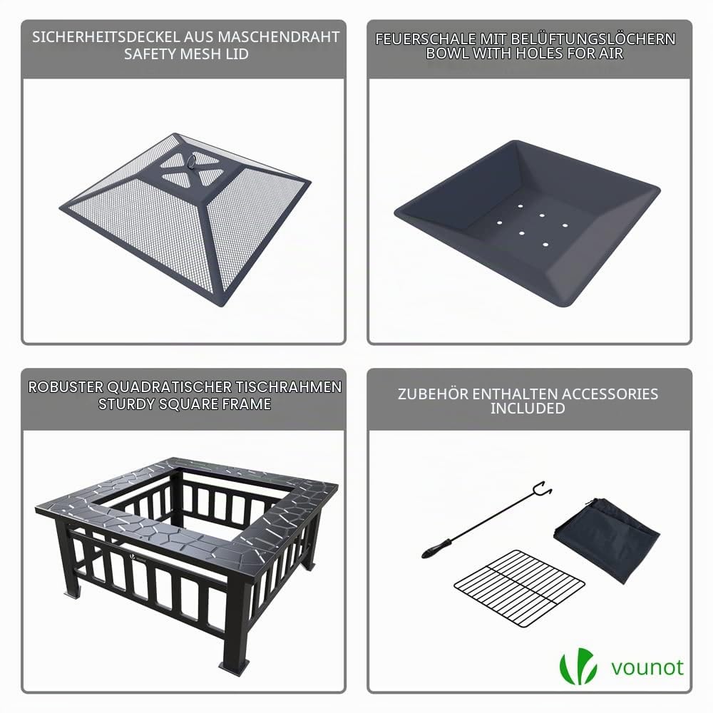 VOUNOT® Feuerschale mit Funkenschutz, Metall Feuerstelle Feuerkorb für Garden Terrasse Heizung, mit Wasserfester Schutzhülle, 81x81x45cm