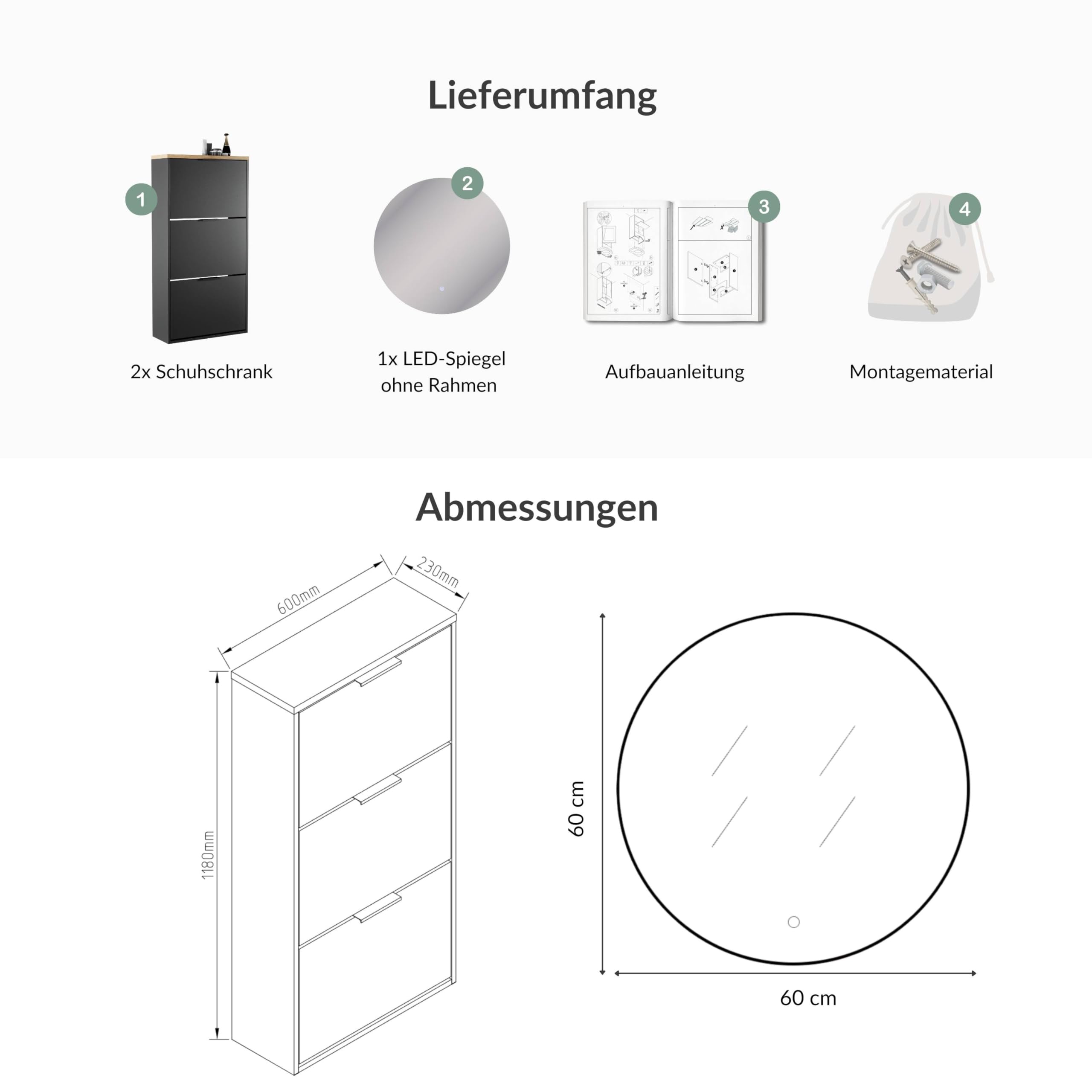 Planetmöbel 2 x schoenenkast smal, incl. ronde spiegel met verlichting, 80 cm (2 lichtniveaus), schoenencommode met 2 kleppen, schoenenrek met 4 planken, garderobeset, 60 x 23 x 80,5 cm, goud eiken
