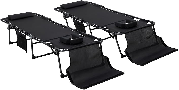 2 Pieces Adjustable Tanning Chairs, 5-Position Portable Folding Chaise Lounge, Sun Recliner with Detachable Pillow & Face Hole for Outdoor Beach, Yard, Patio, Black, Black