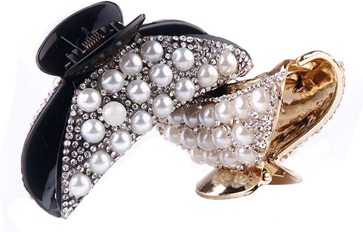 Set of 2 Rhinestones Hair Claw Clips Hair Clamp with Imitation Pearl Non-Slip Hair Jaw Clips Hairpin, Black and Gold
