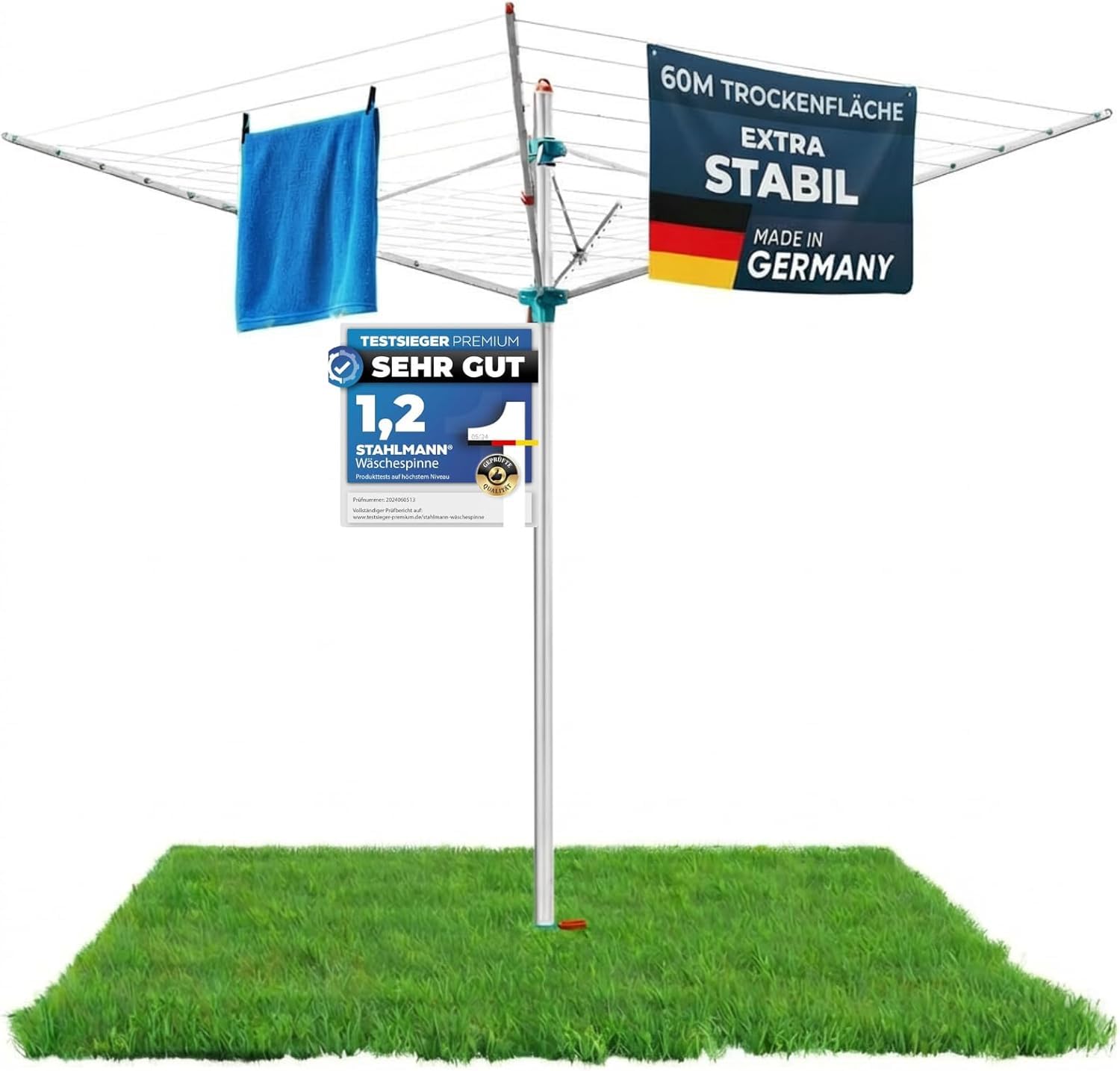 STAHLMANN® Wäschespinne draußen [Made IN Germany ] - Wäschespinne[60 M Leinenlänge] inkl. Bodenhülsen mit Deckel - höhenverstellbareWäschespinne aus hochwertigem Aluminium (60 Meter Leinenlänge)