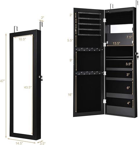 Miniatura 7 de Giantex Armario de joyería de 15 LED para colgar en la pared armario de joyería con cerradura con espejo de cuerpo completo bandeja de maquillaje