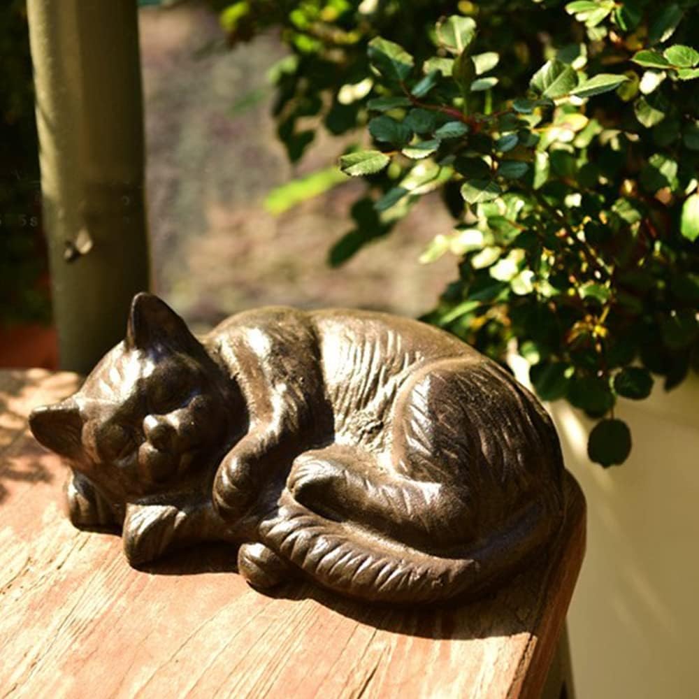 Cast Iron Sleeping Cat Statue Figurine Animal Decor,Heavy Duty Decoration Ornaments for Home Garden,Black