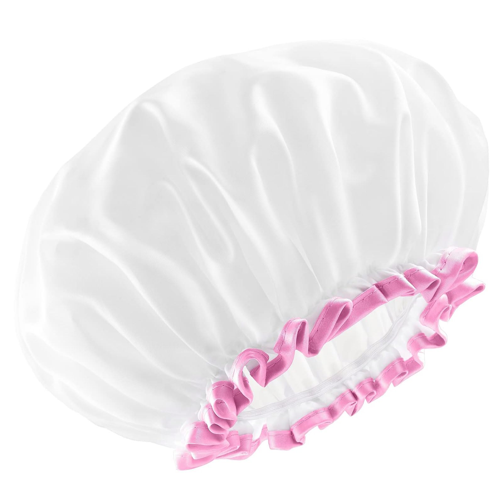 White Large Shower Cap for Women Long Hair Reusable Waterproof Double Layers Bathing Hair Cap Soft Comfortable PEVA Lining