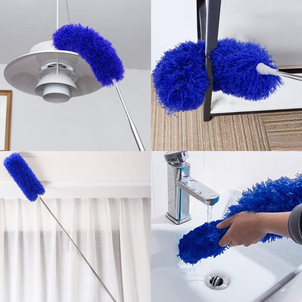2pcs Ceiling Fan Feather Duster with Extension Pole, Cobweb & Corner Brush for Cleaning, Long Handle Aluminum Telescoping Pole, Washable, Blue, 130cm&250cm