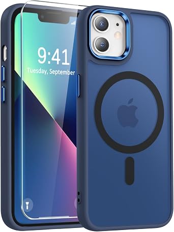 WRJ Case Designed for iPhone 12/12 Pro, Translucent Magnetic Phone Case for Women Men [Compatible with Magsafe] Slim Anti-Fingerprints Shockproof Protective Cover with Screen Protector-Blue