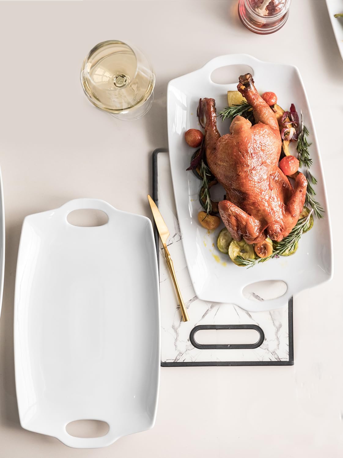 Turkey Serving Platter for Entertainment, Thanksgiving, Turkey, Serving Tray with Handles Large, Party, Display, LYEOBOH 16 inch Rectangle Porcelain Platters Set of 2, White