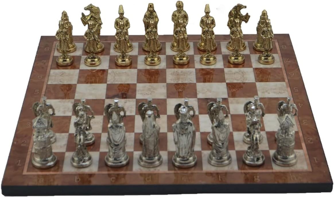 Metal Chess Sets for Adult Ottoman vs Byzantine Empire Figures,Handmade Pieces and Different Design Wooden Chess Board (Mocha)