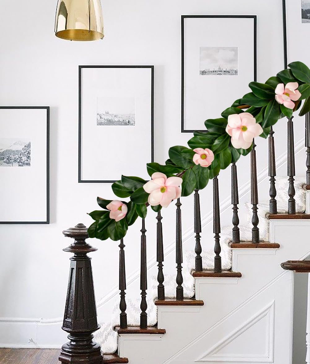 Girlanda ze sztucznej magnolii, 15 m, sztuczny różowy kwiat, prawdziwe w dotyku, kwiaty, zieleń, winorośl, sztuczny liść magnolii, girlandy, kwiatowe girlandy, dekoracja na łuk ślubny, kominek