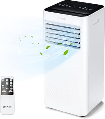 COSTWAY Portable Air Conditioner, 10000 BTU AC Unit with Cool, Fan, Dehumidifier & Sleep Mode for Rooms up to 350 Sq.Ft, with 24H Timer, Child Lock, Remote Control & Window Kit White and Black