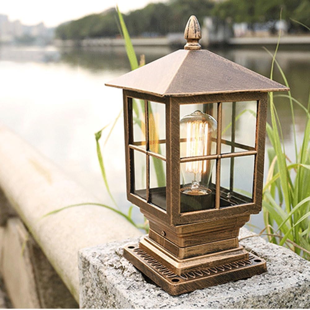 E27 Outdoor Floor Lamp, Glass Lantern And Metal Outdoor Headlights, Fence Post Lighting, Pillar Lamp Waterproof Yard Fence Column Lamp for Porch Garden