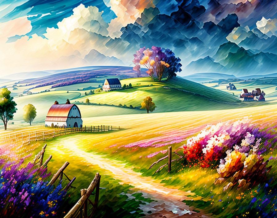 Ferme vent collines prairies aquarelle poster poli pour décoration murale