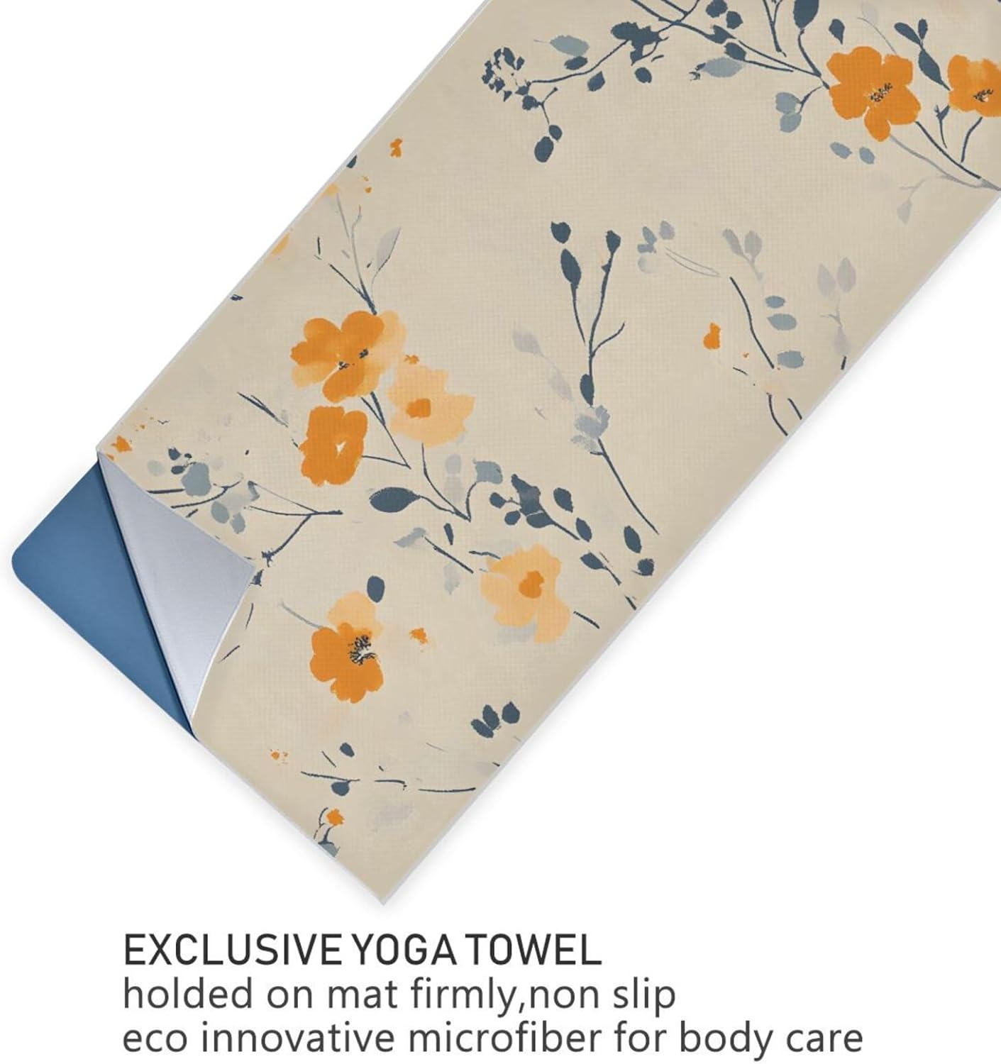 Beautiful Floral Beige Yoga Mat Towel with Silicone Grip Dot – 73"x27" Non-Slip Sweat Absorbent Microfiber Yoga Towel for Home Gym Studio