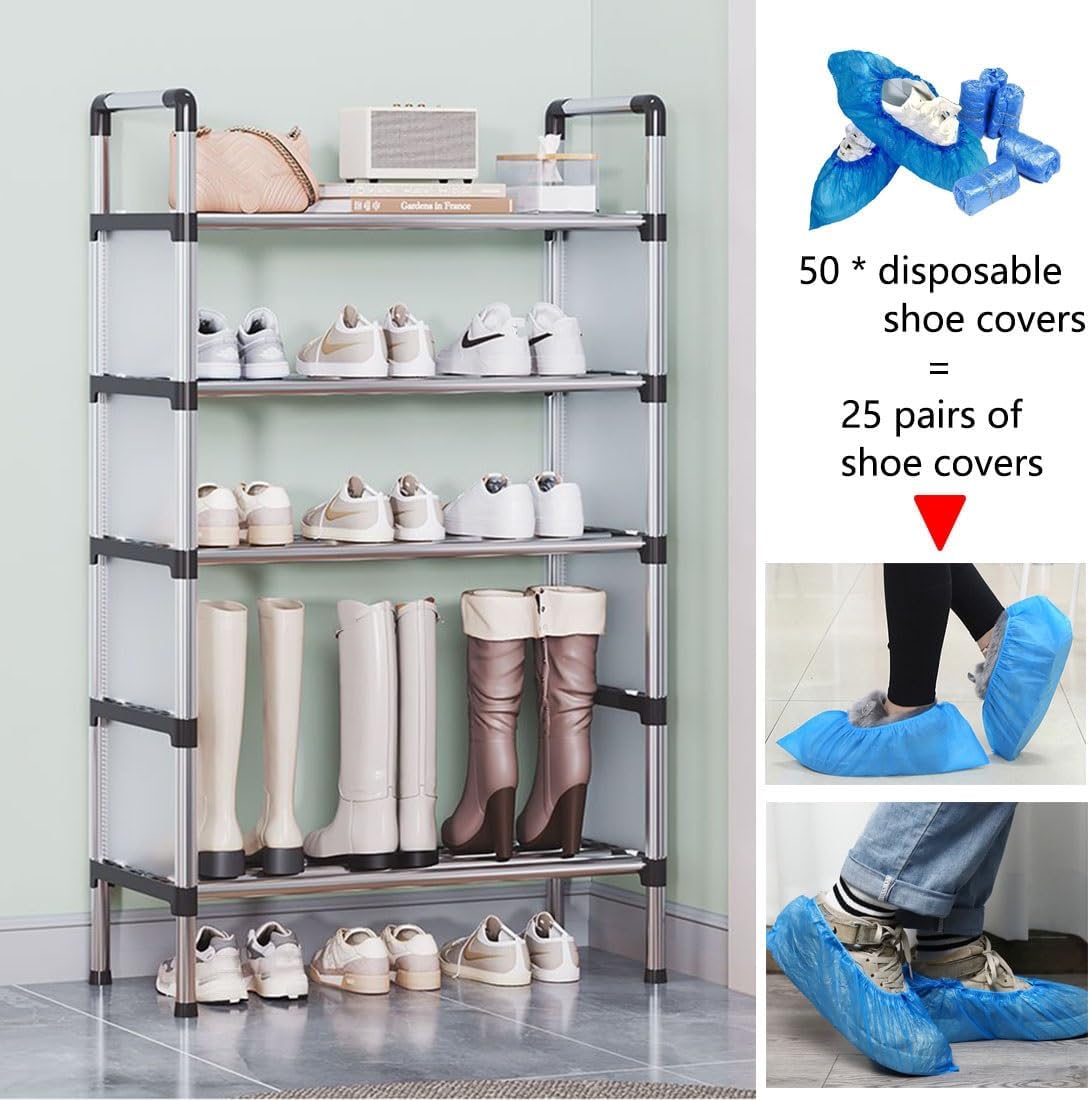 Shoe Rack, 3-7 Tier Reversible Shoes Storage Cabinet with Plastic Doors and 50 Disposable Shoe Covers, Metal Storage Organizer Shelf for Entryway Hallway, Easy to Build(White,50 cm/19.69 in(5-Tier))