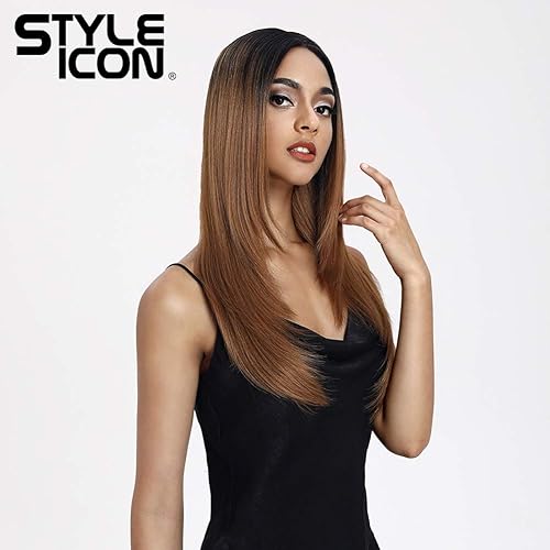 Miniatura 3 de Style Icon Pelucas de encaje frontal ombré, pelucas largas y rectas sintéticas con cabello de bebé, media mano, atadas a mano, negro, rubio