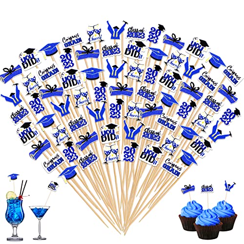 240 Counts Graduation Toothpicks For Appetizers Cocktail Picks For Drink Graduate Cupcake Toppers Sandwich Picks Bamboo Fruit Food Pick Fancy Toothpicks For Graduation Sports Party, Blue & Black #TOP10
