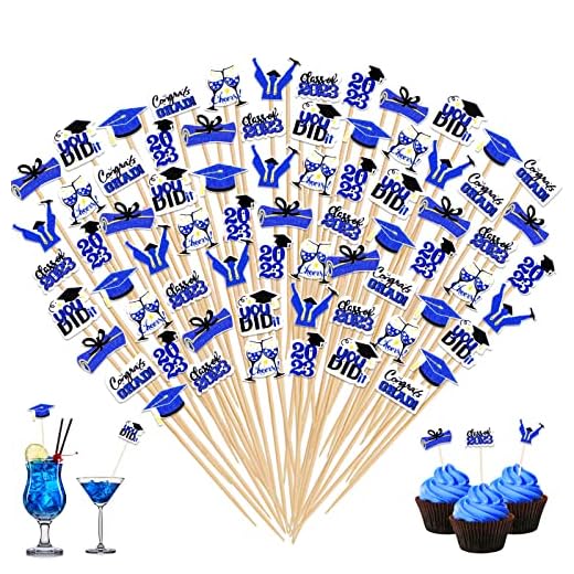 120 Counts Graduation Toothpicks for Appetizers Cocktail Picks for Drink Graduate Cupcake Toppers Sandwich Picks Bamboo Fruit Food Pick Fancy Toothpicks for Graduation Sports Party, Blue & Black