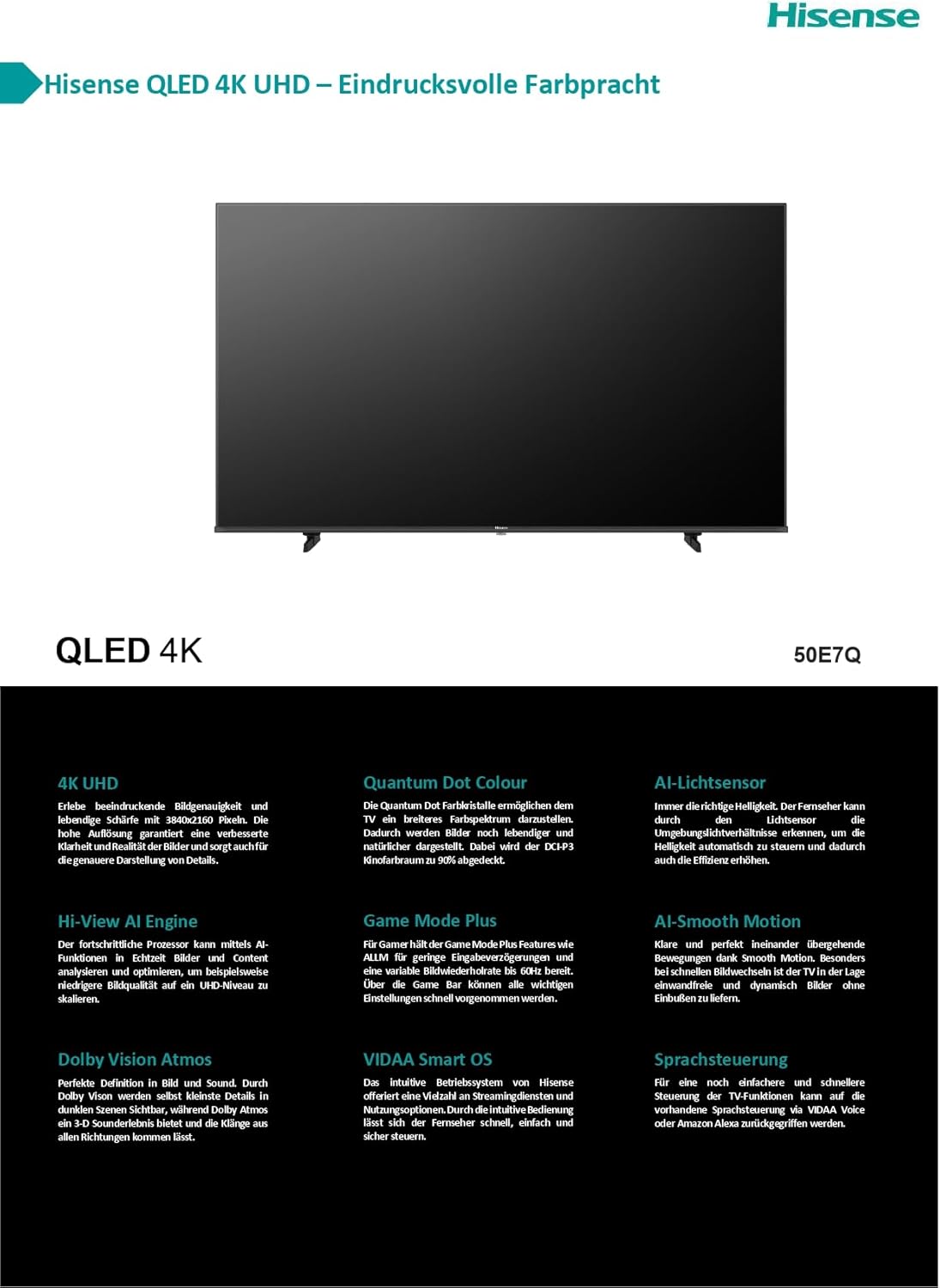 Hisense 50E7Q – QLED Smart TV 50 Pulgadas, Dolby Vision, Dolby Atmos, Modo Juego Plus, 60Hz VRR 120 fps, Modo Deportes, Monvimiento Suave IA, Bluetooth y HDMI 2.1, Control por Voz Alexa 5