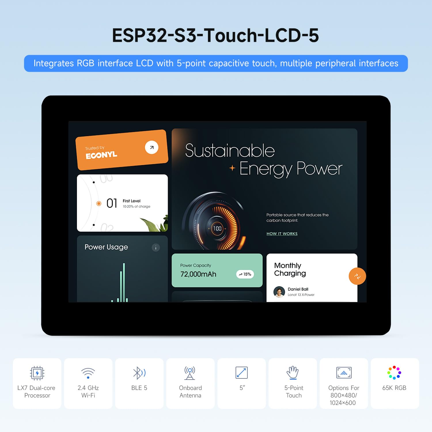 Waveshare ESP32-S3 5 Inch Capacitive Touch Display + Development Board, 1024 x 600, 178° Viewing Angle, 5-Point Touch, 32-bit LX7 Dual-Core Processor, Up to 240MHz Frequency, Support WiFi, Onboard