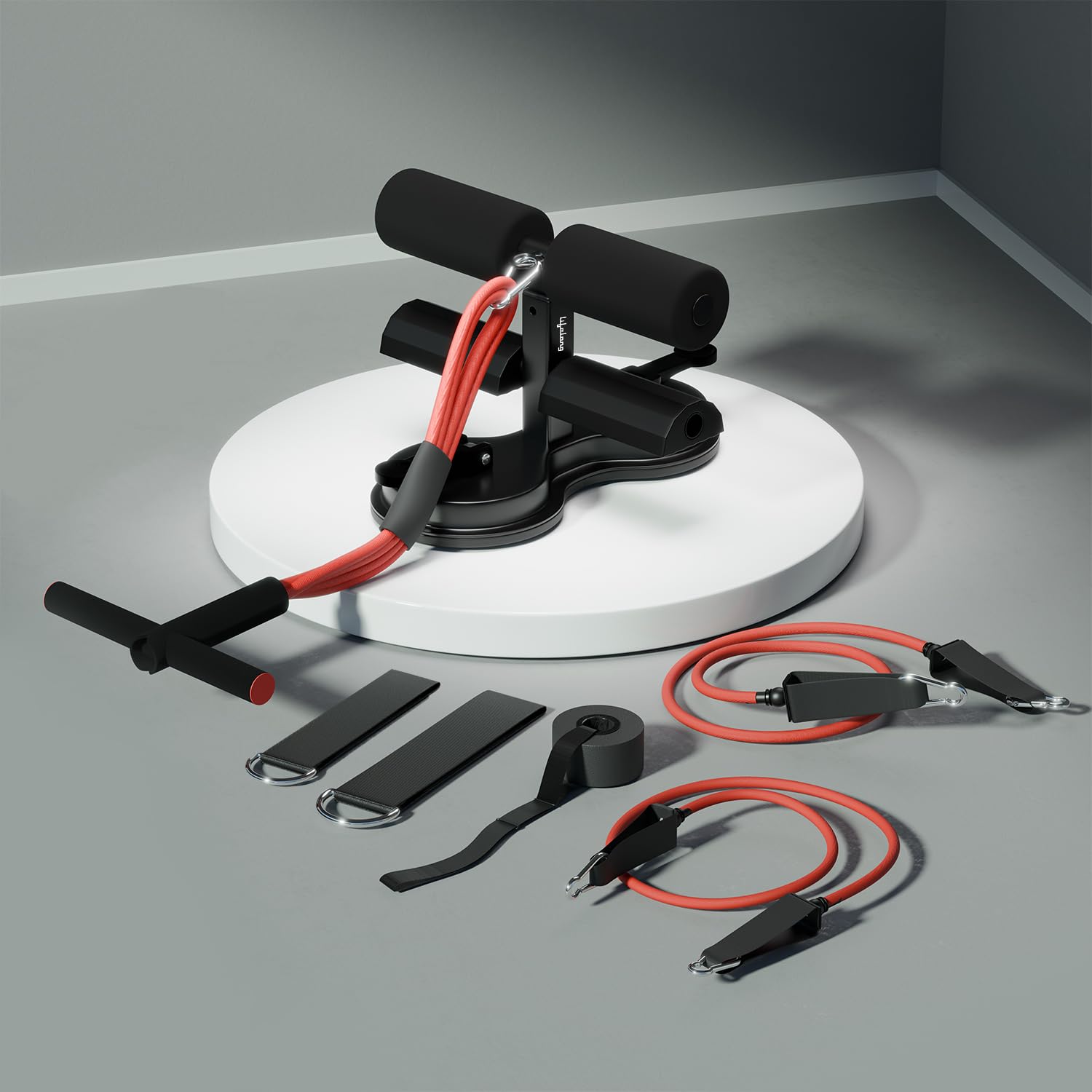 Lifelong Tummy Trimmer with Double Suction Cup Sit-Up Bar for Abdominal Exercise, Leg Muscle Training Arm Muscles Exercise with Door Attachment, Ankle Straps and 2 Resistance Tubes (Red/Black)