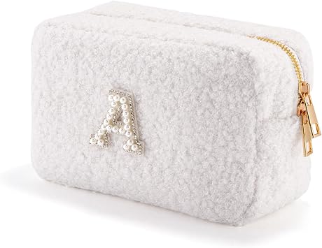 Anforsun Personalized Initial Travel Makeup Bag, Makeup Bag Travel Cosmetic Bag, Sherpa Teddy Pearl Letters A