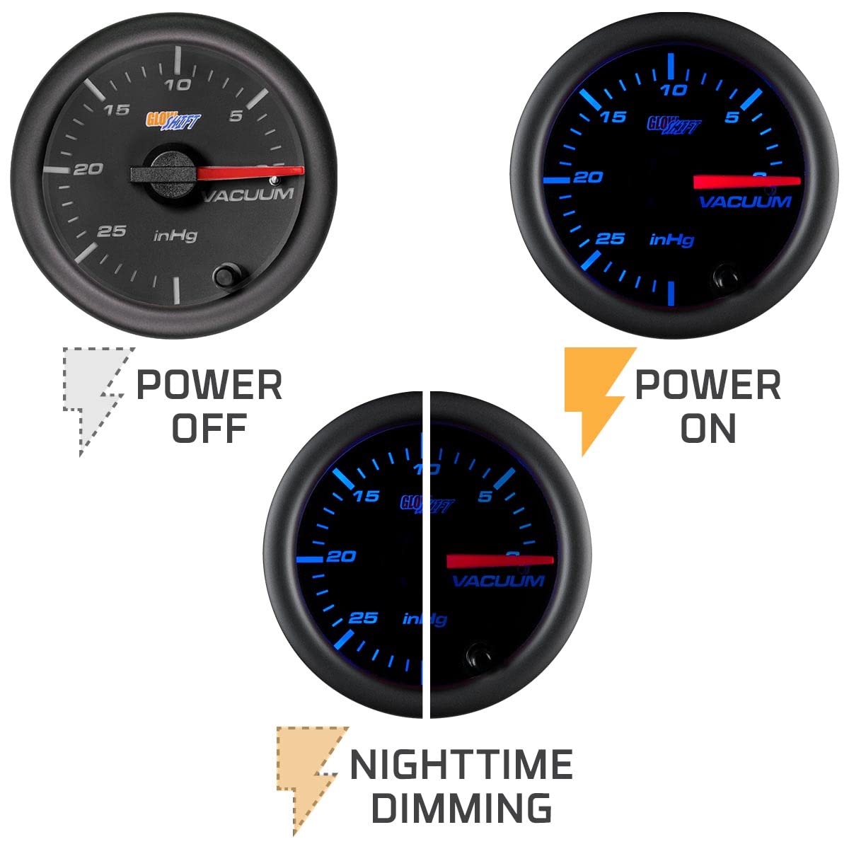 GlowShift Black 7 Color Vacuum Gauge Kit - Includes Mechanical Hose & T-Fitting - Black Dial - Clear Lens - 2-1/16" 52mm