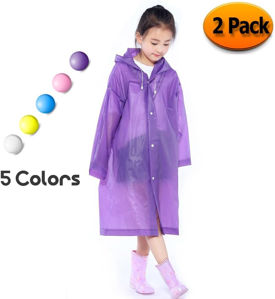 Kids Children Rain Poncho - Portable PVC Lightweight Waterproof Emergency Raincoat for Girls Boys with Hoods and Sleeves Perfect for Outdoor Activities Purple (2 Pack)