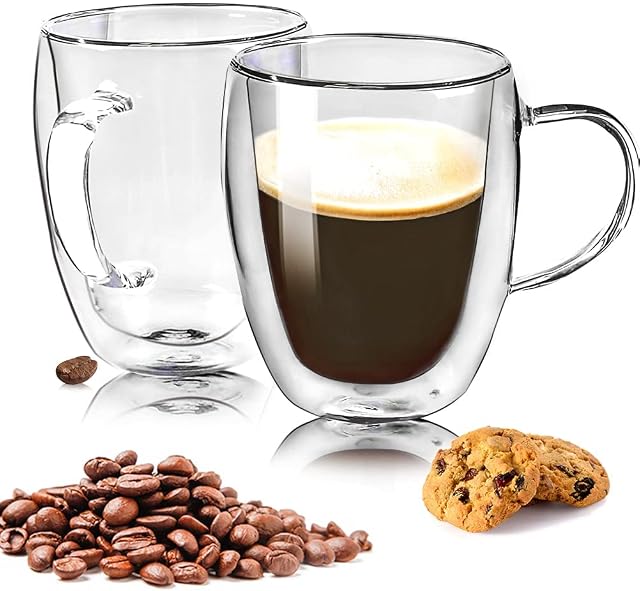 2 Set of 350 ml Double Wall Glass Coffee Mug(with 2 Coasters),Double-Walled Glasses with Handle Double Walled Glass Coffee Cups,Double Walled Insulated Glasses Thermal Coffee Glass,Heat Resistant
