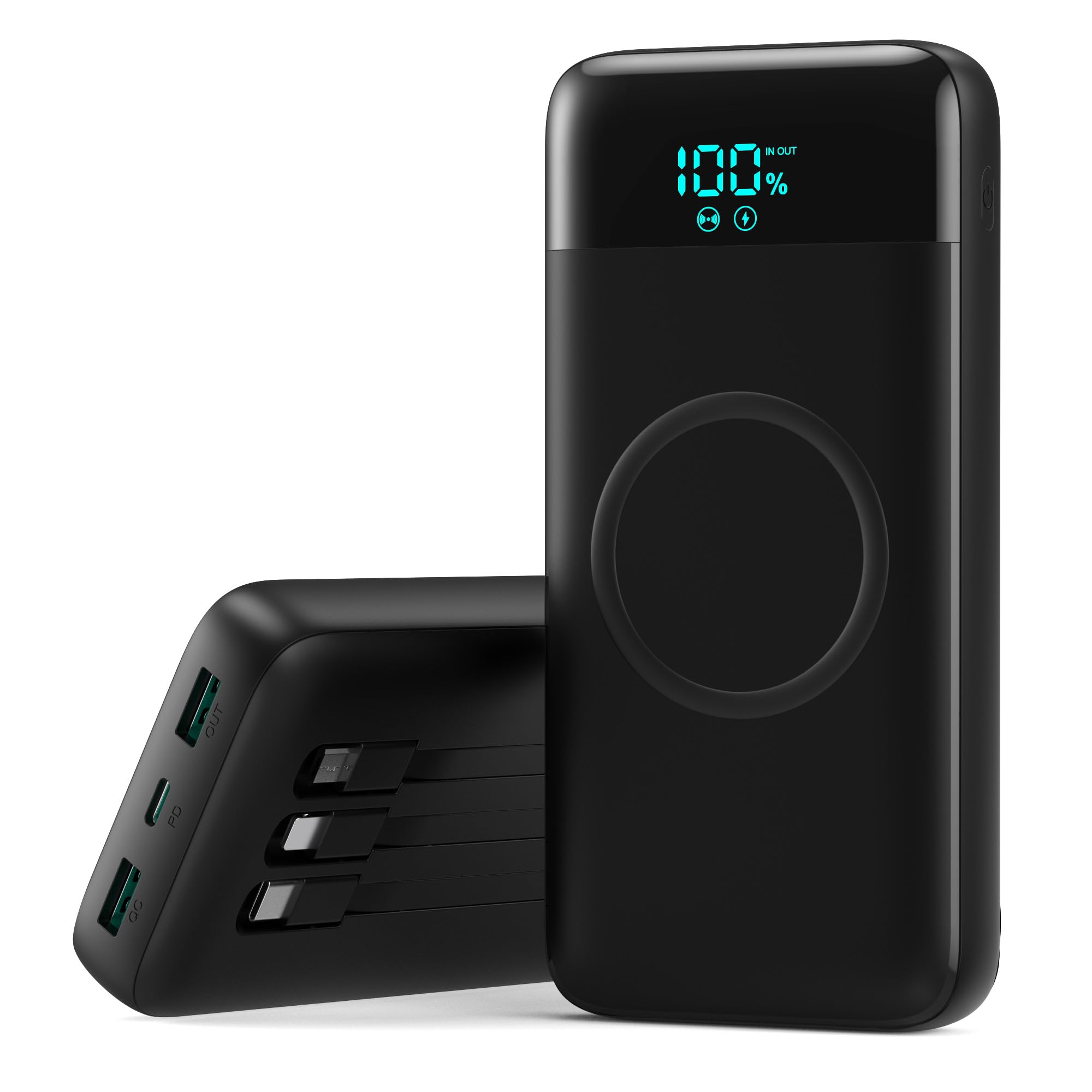 Batterie Externe sans Fil 26800mAh, 7 en 1 Powerbank Fast Charging avec 3 Ports et 3 câbles, 25W PD3.0+QC4.0 Chargeur Externe Portable avec écran LCD Compatible avec iPhone Huawei Samsung Xiaomi