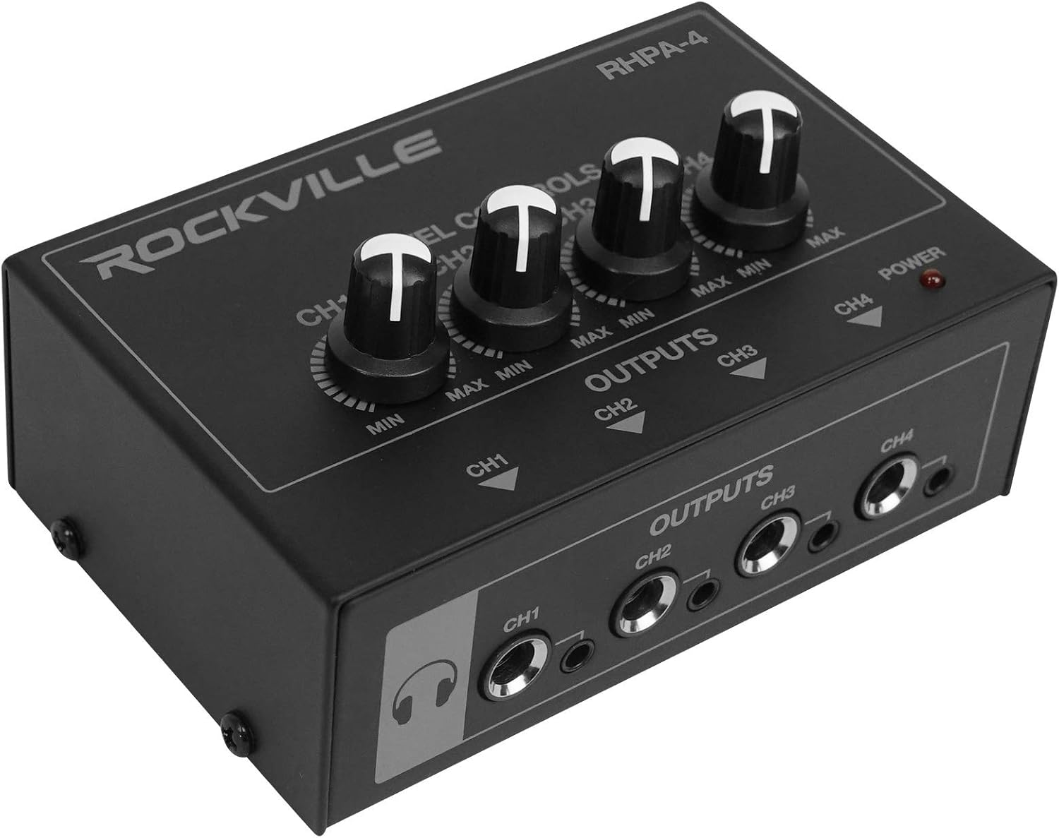 Rockville RHPA4 4-Channel Headphone Amplifier, Stereo/Mono Switch, Dual 1/4" and 3.5mm Outputs per Channel, USB Power, for Studio and Podcast Monitoring