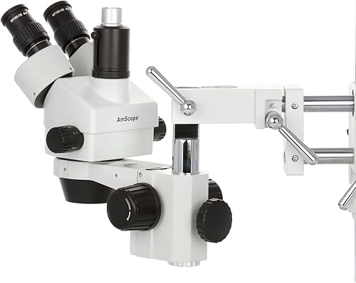 Miniatura 4 de AmScope - Microscopio de zoom estéreo simulfocal 7X-45X en soporte de brazo doble + 144-LED anillo de luz - SM-4TP-144