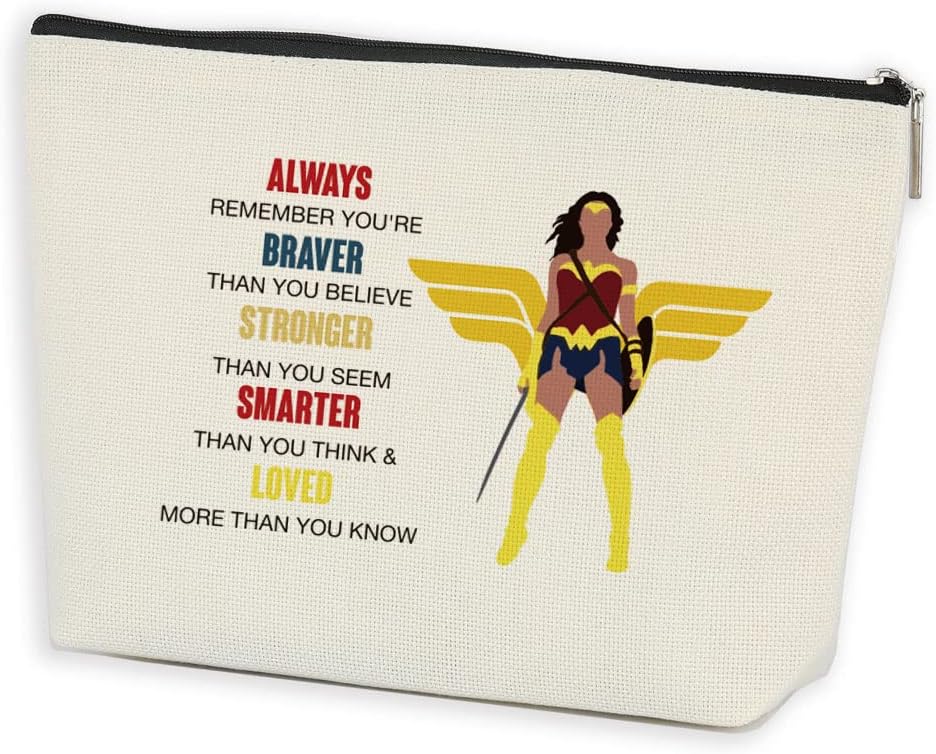 Inspirational Gifts for Women Encouragement Gift Cosmetic Make up Bag Movie Fans Inspired Gift You Are Braver Stronger Smarter Than You Think Wonder Bag for Girls Fans Friend Movie Party Supplies, White620, 9.7" W x 7" H