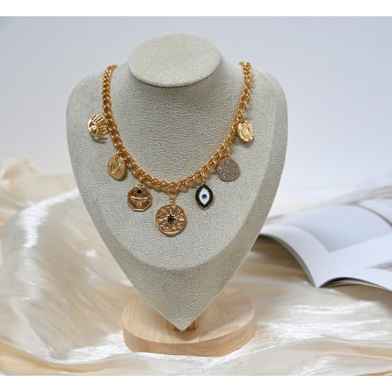 Charm Necklace for Women Chunky Plated Necklace Evil Eye Sun Pendant Statement Rhinestone Chain4