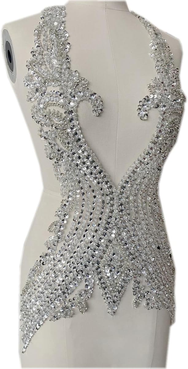 Pure Hand Sewing Beads Applique Rhinestones Trim Patches Shiny Cloth Accessories 15X26in (Silver)