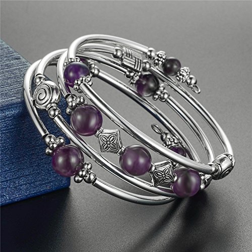 Pearl&Club Beaded Bangle Wrap Amethyst Bracelet - Fashion Bohemian Jewelry Multilayer Charm Bracelet With Thick Silver Metal Beads For Women Girls Gifts (Purple) #TOP3
