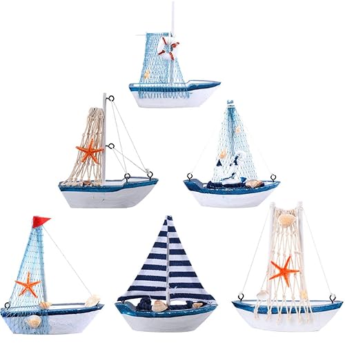 Garneck 6Pcs Wooden Miniature Sailing Boat Mediterranean Style Miniature Mini