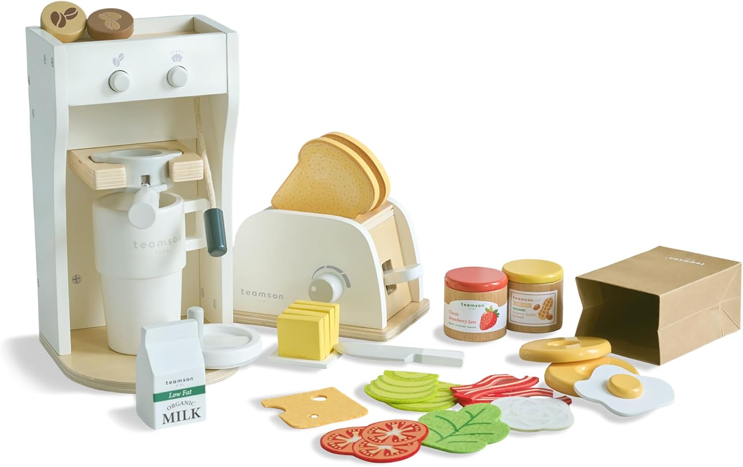 Teamson Kids Little Chef Santa Barbara Breakfast Play Food Set, 27 Pretend Kitchen Accessories with Toaster & Coffee Maker – Wooden Montessori Toy in White for Toddlers & Kids Ages 3+