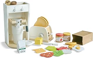 Teamson Kids Little Chef Santa Barbara Wooden Healthy Brekfast to Go - 27 Pieces Pretend Toy Food Accessories Plus Coffee Machine & Toaster, Educational Role-Play for Kids Ages 3+, White