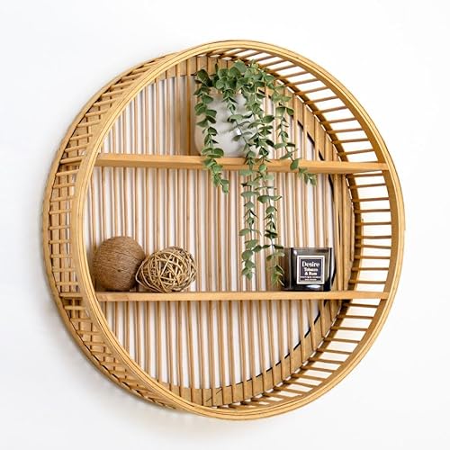 Darthome Bamboo Round Wall Shelf 50cm Large 2 Tier Natural Wood Boho Home Decor Shelving Unit