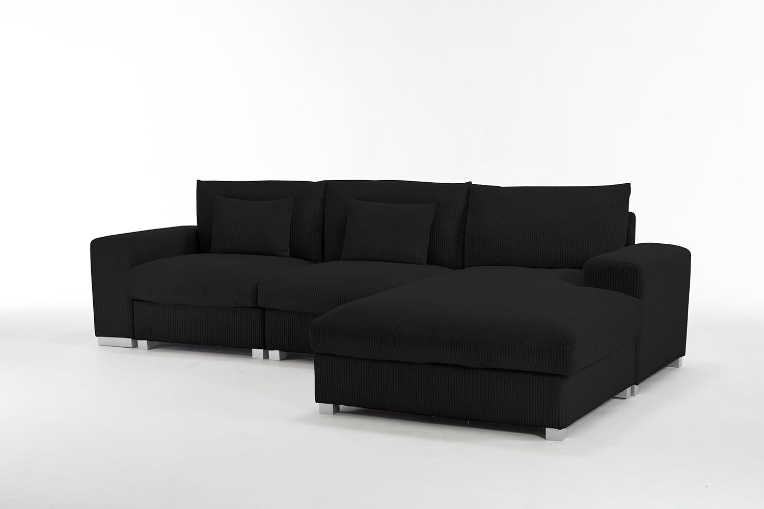 113" Nordic-Style L-Shaped Flannel Sectional Sofa, Solid Wood Frame Minimalist Couch, Corner-Saving Living Room Sofa, Black