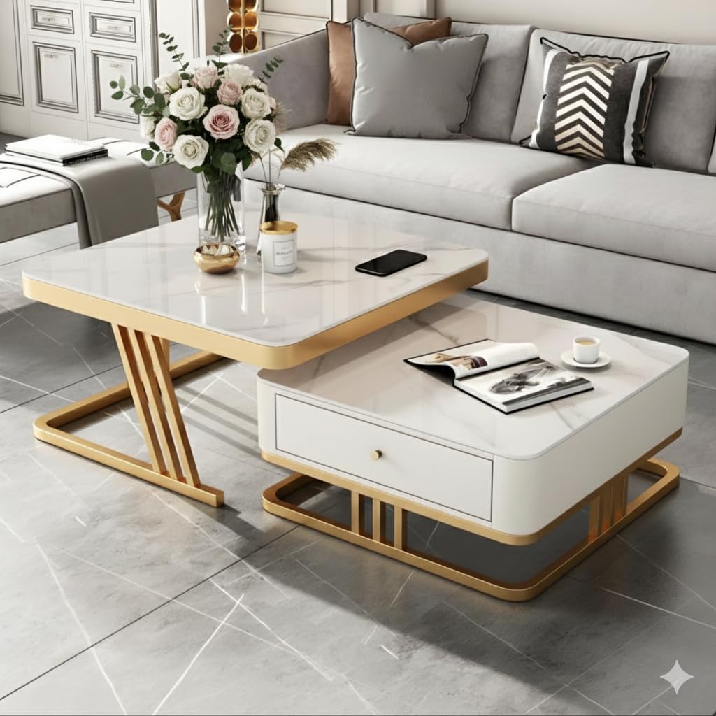 Modern Square Drawer Center Table with Engineered Wooden Top & Gold Metal Frame, Contemporary Cocktail Sofa Table Living Room, Elegant Coffee Table Set – for Home,Office (Gold & White)-image-37