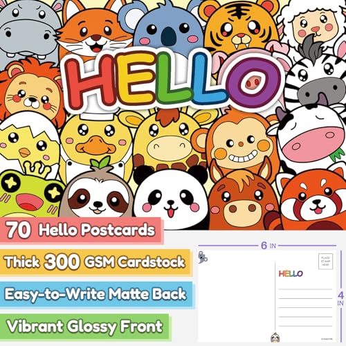 WAKLYVER Hello Postcards, 70 Pack Cute Animal Greeting Postcards, Bulk Blank 4x6 Hello Cards for Kids, Teachers, Students, Classroom, Pen Pal Mail, Everyday Greetings, 300 GSM Cardstock by WAKLYVER - Image 2