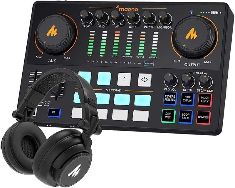 Interfaz de Audio con Auriculares de Estudio-Equipo de Podcast-MAONO-MaonoCaster-Todo en Uno - con preamplificador de micrófono premium para Grabación de Podcast, Streaming, Youtube, PC, Smartphone