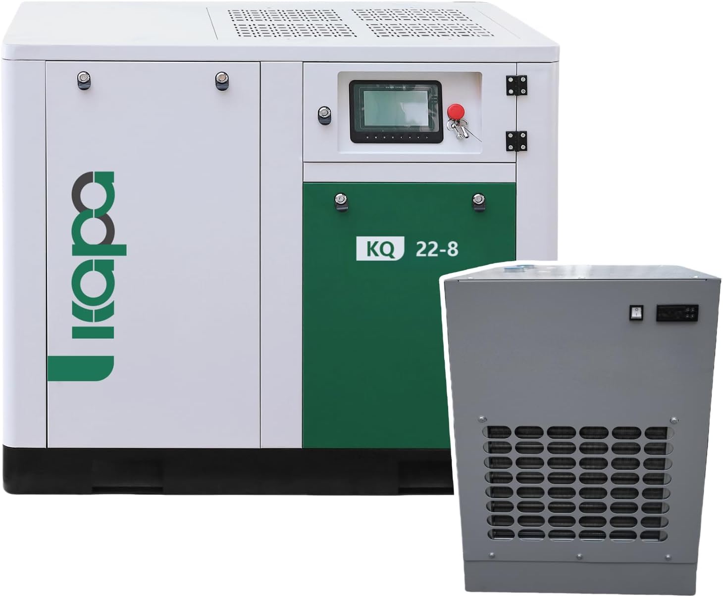 KAPA 30HP/22kW Rotary Screw Air Compressor, 123CFM @116PSI, 480V/60Hz/3-Phase, paired with 22kW Refrigerated Dryer (220V/60Hz/1-Phase). Ideal for heavy-duty stationary industrial use.