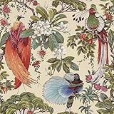 Hellowall 17.5x393 Peel and Stick Wallpaper Vintage Floral Birds Blue Green Cream Beige Colorful Antique Bird Flower Toile Wall Paper for Bathroom Kitchen Self Adhesive Floral Contact Paper Decorative