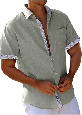 💎 75% MEGA DEAL! UHouse Chemise Homme en Cotton Lin Vetement Manches Courtes D’Été Chemises Leger Décontracté Chemisette Respirant Habit Col Mao Court Fin Cut Button Down Shirt