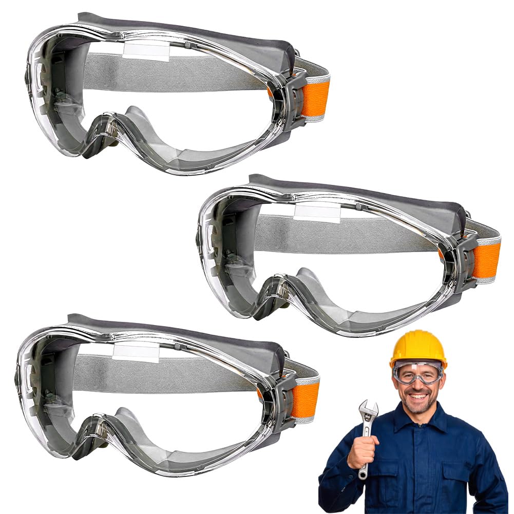 DASIAUTOEM 3er Schutzbrille Arbeitsschutz Transparent für Brillenträger | Verstellbare Schutzbrillen mit Antibeschlag, Antibeschlag Kratzfest Staubdicht, Passend für Werkstatt, Labor und Heimwerken