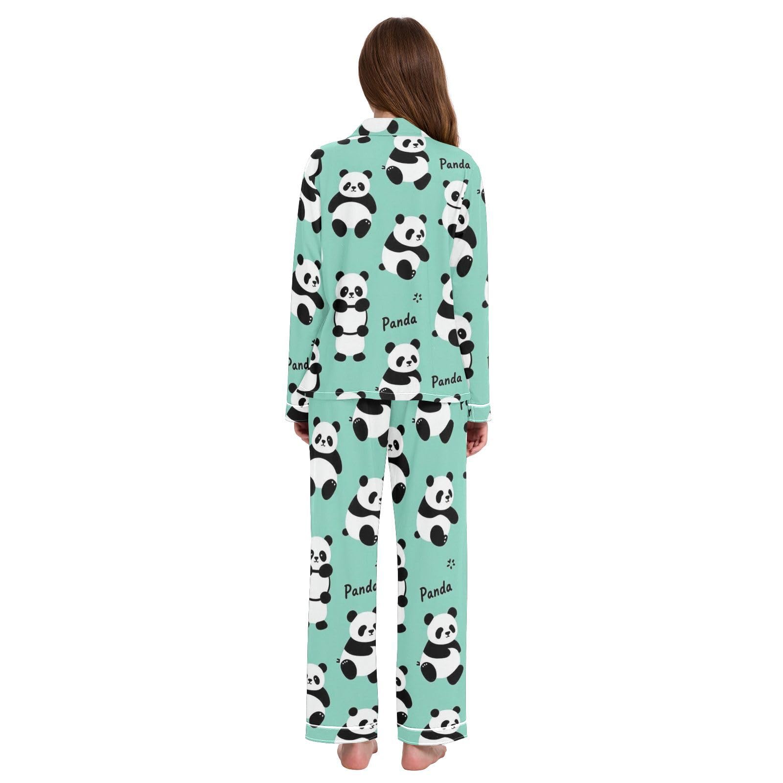 Wudan Zielona Panda Bear Pocket Sleep Pants Mid Waist Zestawy piżam Codzienny relaks dla kobiet