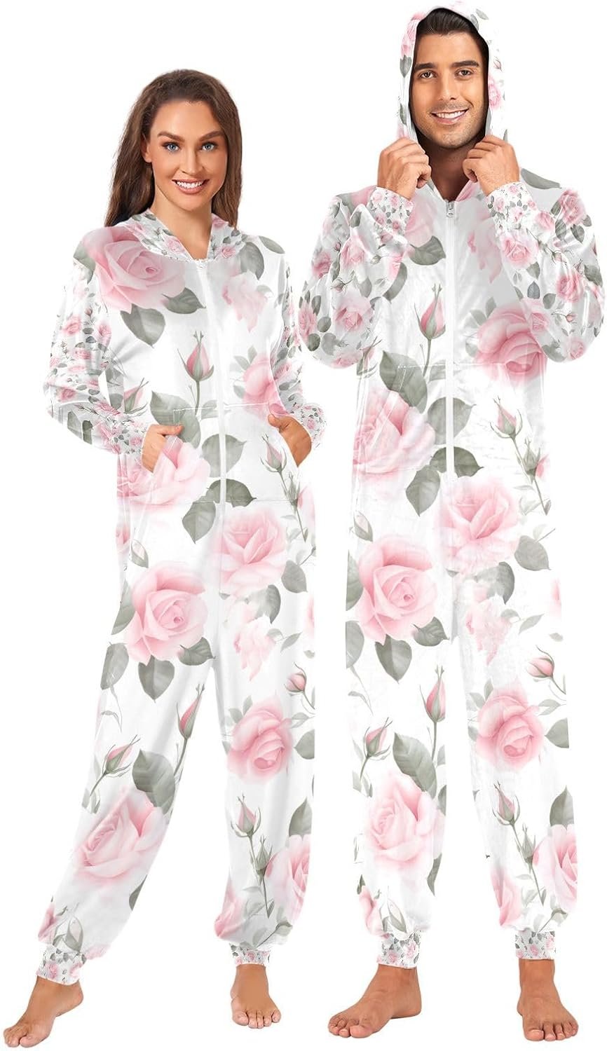 Pink Rose Floral Roses Adult Onesie Pajamas for Unisex Novelty One Piece Costume Sleepwear